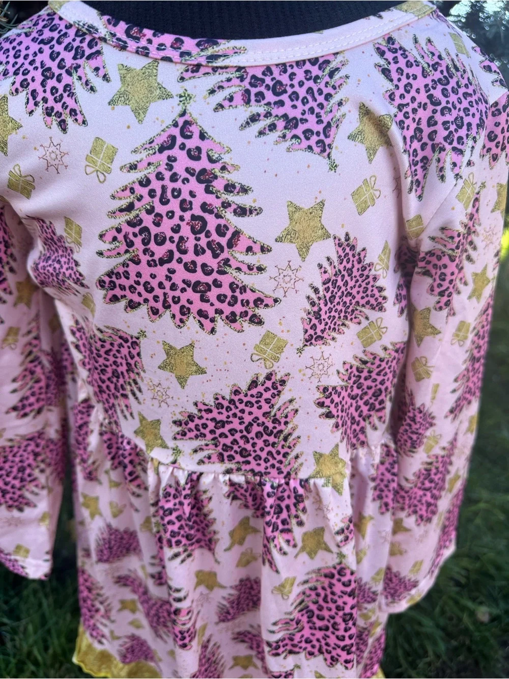 Girls Pink Leopard Tree Holiday Dress with Gold Ruffle